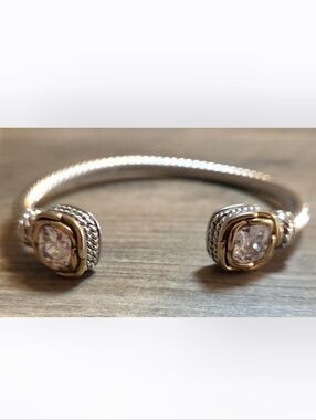 Silver And Gold Tone Open Cuff Bracelet with Textured Ends